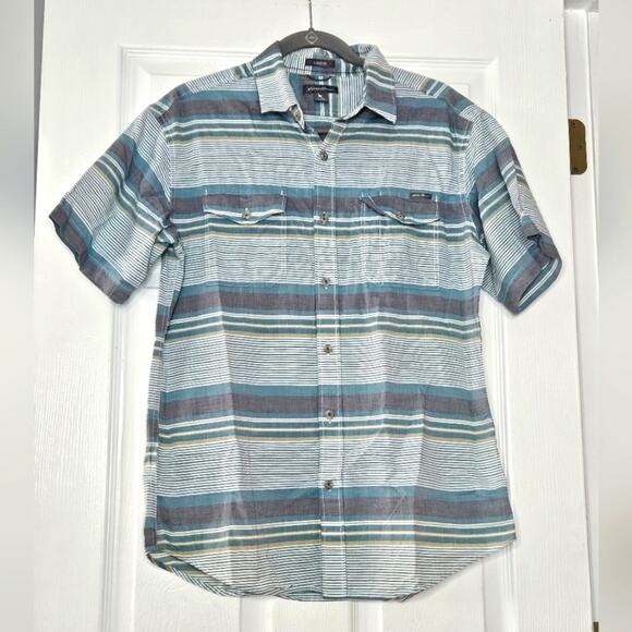 Eddie Bauer teal & grey stripped button up short-sleeved‎ shirt size M - Picture 1 of 6